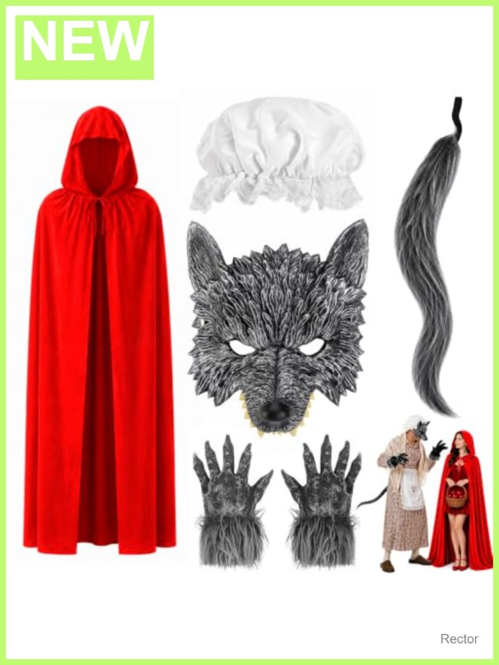 5Pc Wolf Couples Halloween Costume Red Riding Hood Cape Bonnet Mask Gloves Tail